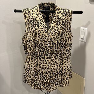 City Silk Size Large Womens Brown Animal Print Sleeveless Button-Up Shirt